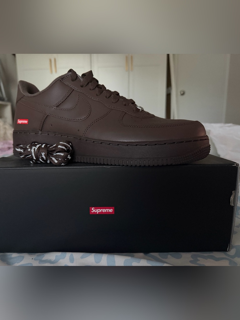 Supreme Men’s Low-Top Sneakers — Dark Brown with Red Logo
